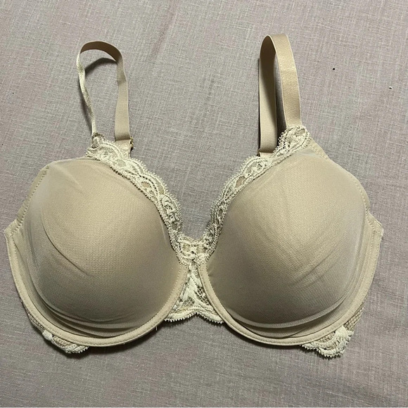 Natori 34DDD Feathers Underwire Lined Lace Trim Bra Nude Beige glow - Picture 1 of 7